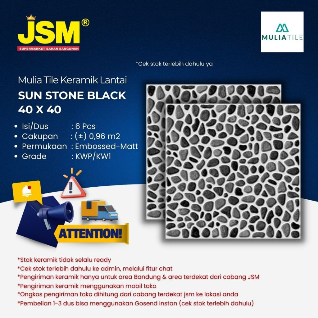 Mulia Tile Keramik Lantai Sun Stone Black / Hitam Matt 40x40 - JSM Supermarket Bahan Bangunan