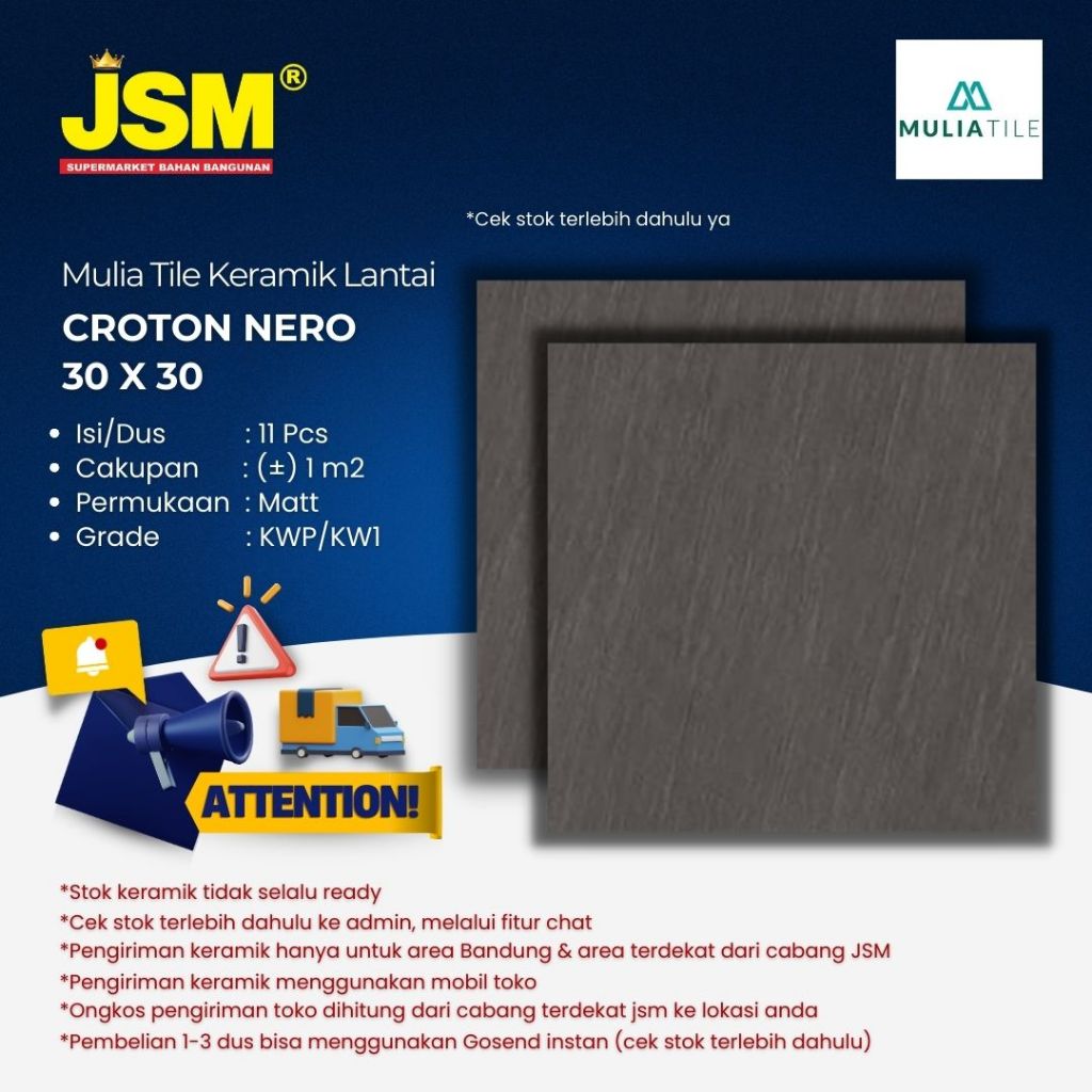 Mulia Tile Keramik Lantai Croton Nero Matt 30x30 - JSM Supermarket Bahan Bangunan