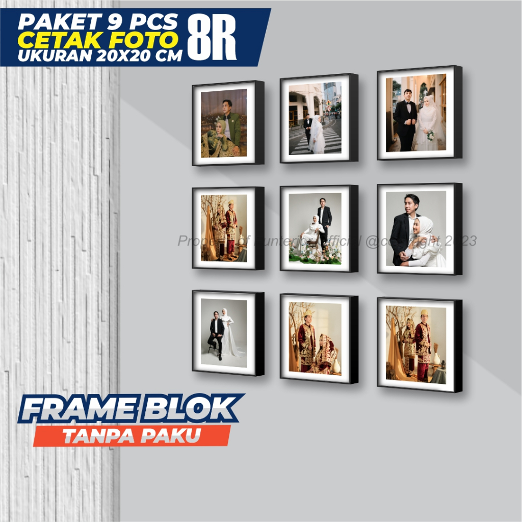 PAKET 9 PCS FRAME HITAM LIST PUTIH + CETAK FOTO 20X20CM 8R BINGKAI EXCLUSIVE HIASAN DEKORASI DINDING