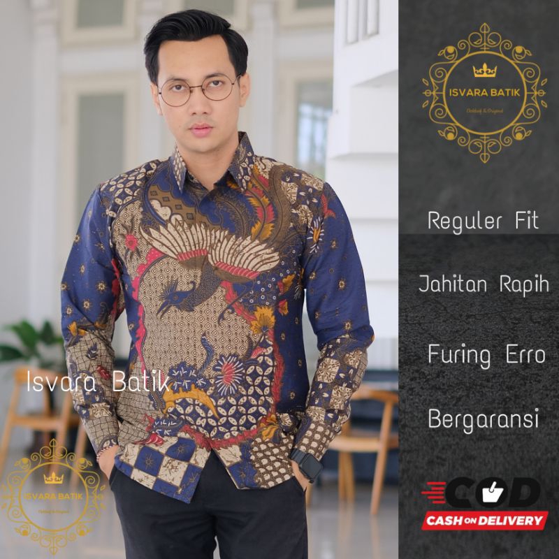 Kemeja batik pria lengan panjang warna biru navy MERAK KAWUNG Kemeja batik mewah premium by Isvara B