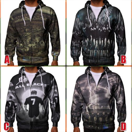 Jaket Fullprint Hoodie All Blacks New Zealand National Rugby Union Team Hoodie Ritsleting Bahan Poly