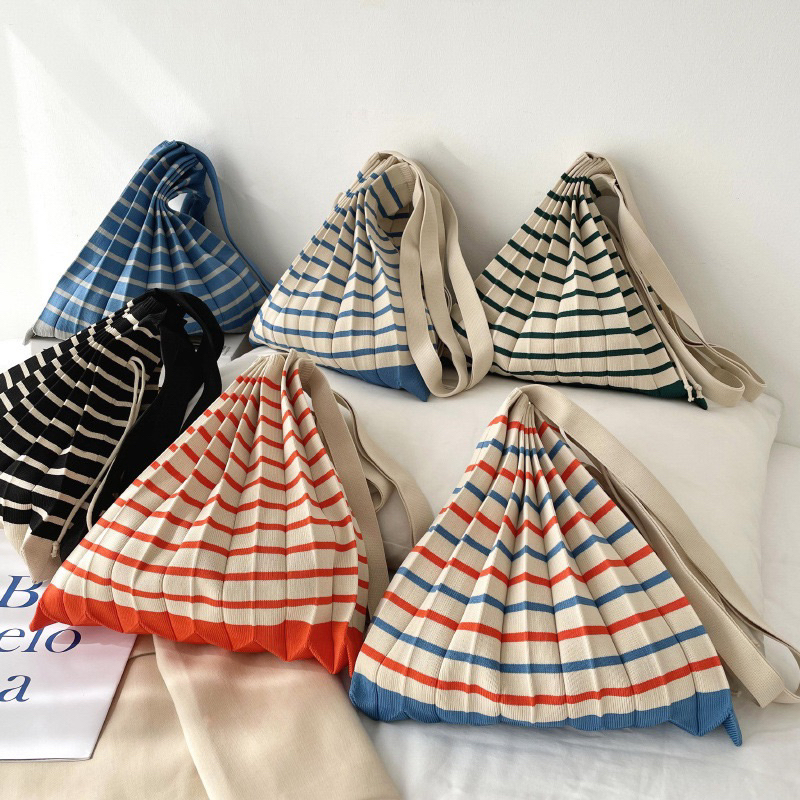 Little Maple - Pleats Stripe Korean Hand Bag / Pleated Totebag / Pleat tote bag / tas korea jinjing 