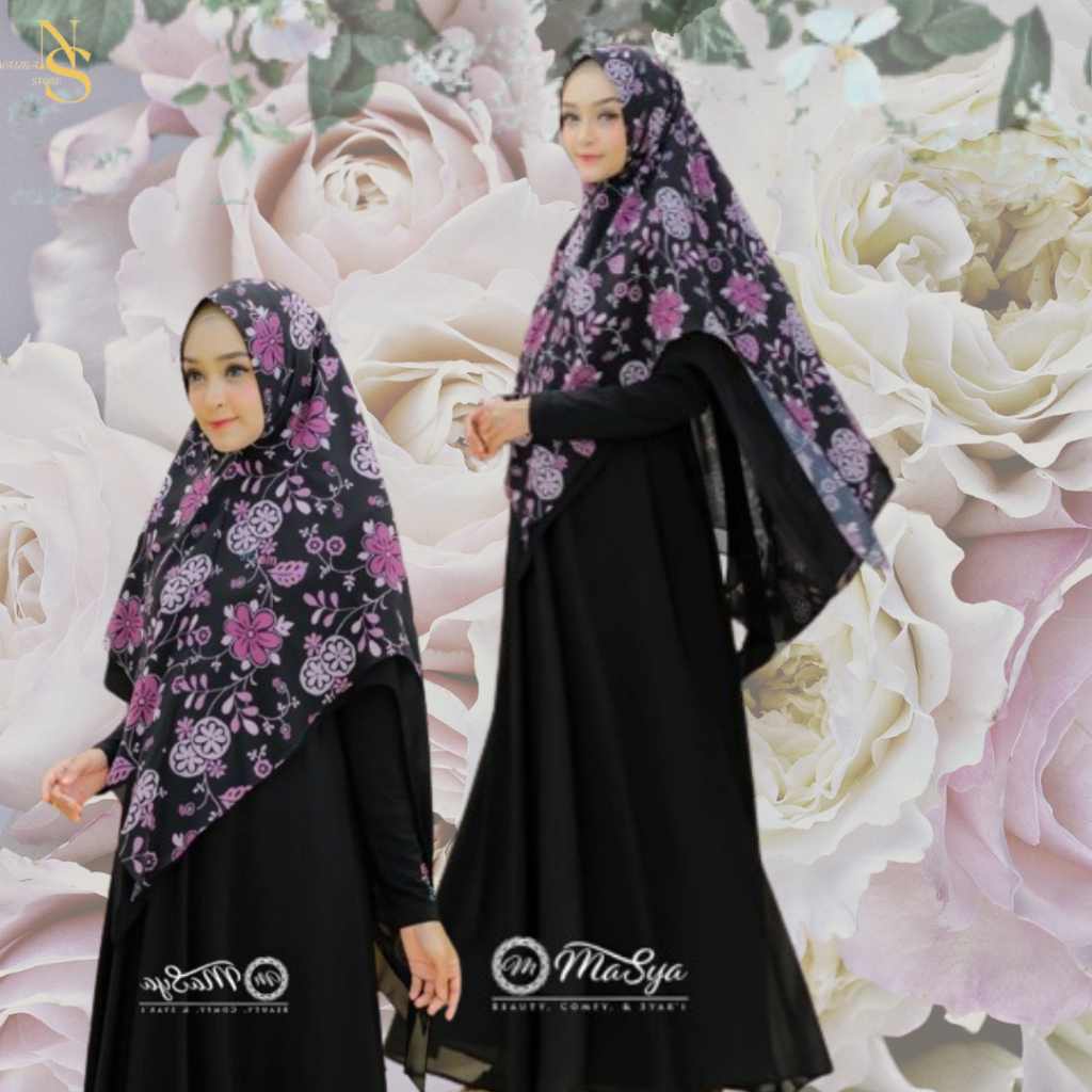 Masya Set Gamis Dress Ceruty Babydoll Syari Branded Prinitng Denim - Maroon - Black - Magenta Mewah 