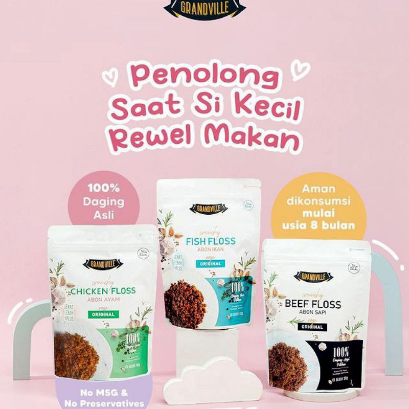 

Grandville Abon Non MSG Penambah Nafsu Makan MPASI Booster - Abon Cipung Varian Sapi Ayam Ikan Beef Chicken Fish Crunchy Floss 100gr