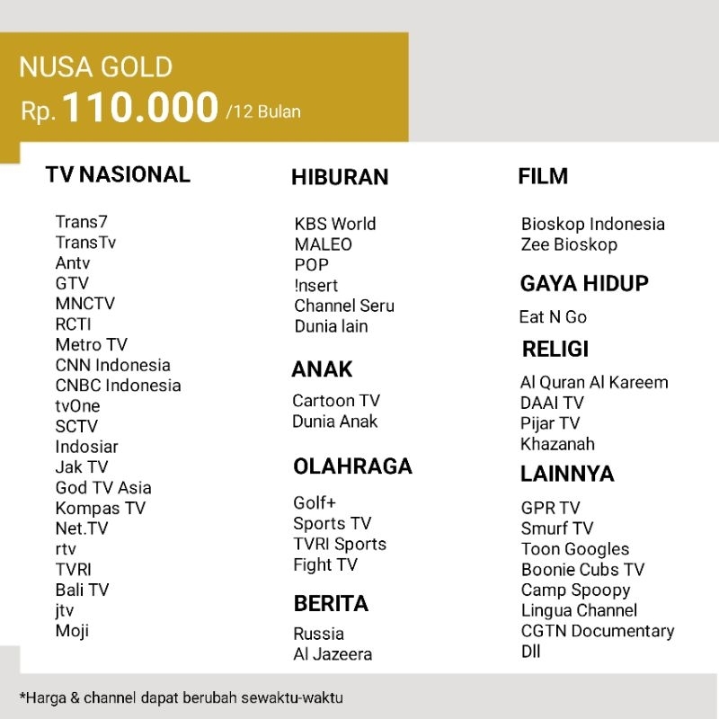 Paket Nusa Gold Transvision Nusantara HD 1Tahun
