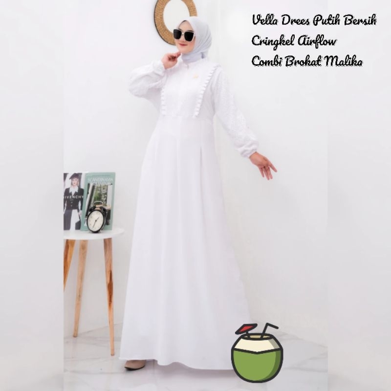 Vella Dress Putih Cringkel Airflow Combi Brokat Malika M, L, XL Gamis Putih Untuk Lebaran Idul Fitri