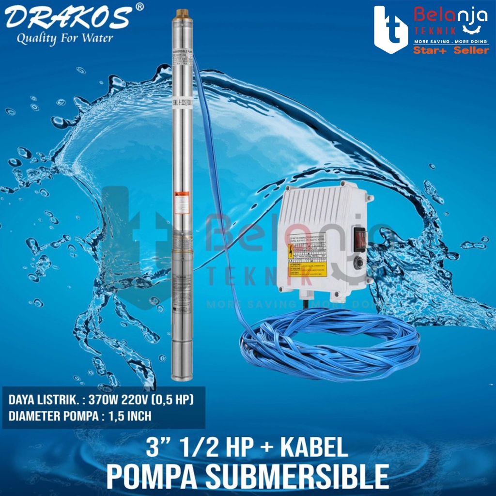 Drakos Submersible Pump 3Inch 1/2HP Pompa Air Satelit Celup dan Kabel