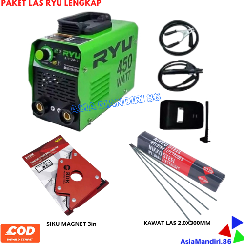 PAKET LENGKAP Mesin Las RYU Inverter MMA 120 IGBT 450 watt / Mesin las / Mesin trafo las / welding