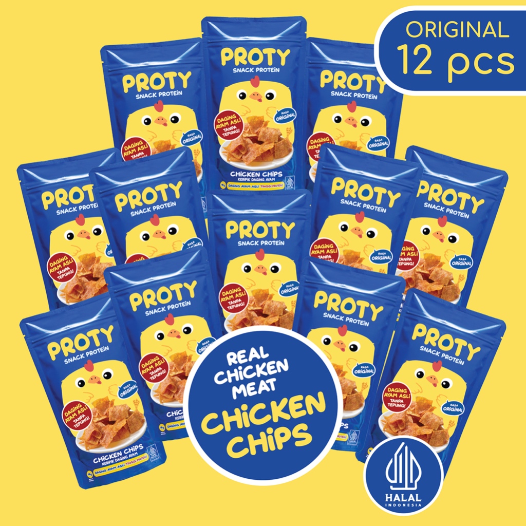 

PROTY Chicken Chips Original (Bundle 12 pcs) Snack Keluarga Tinggi Protein - Keripik Daging Ayam