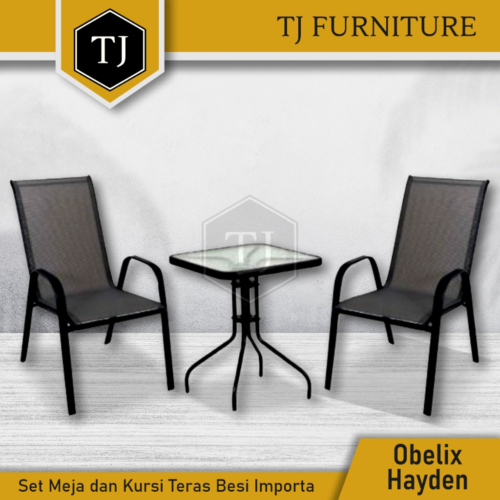Importa Obelix Hayden Set Meja Kopi Kaca dan Kursi Teras Jaring Mesh Kaki Besi / Coffee Table / Meja