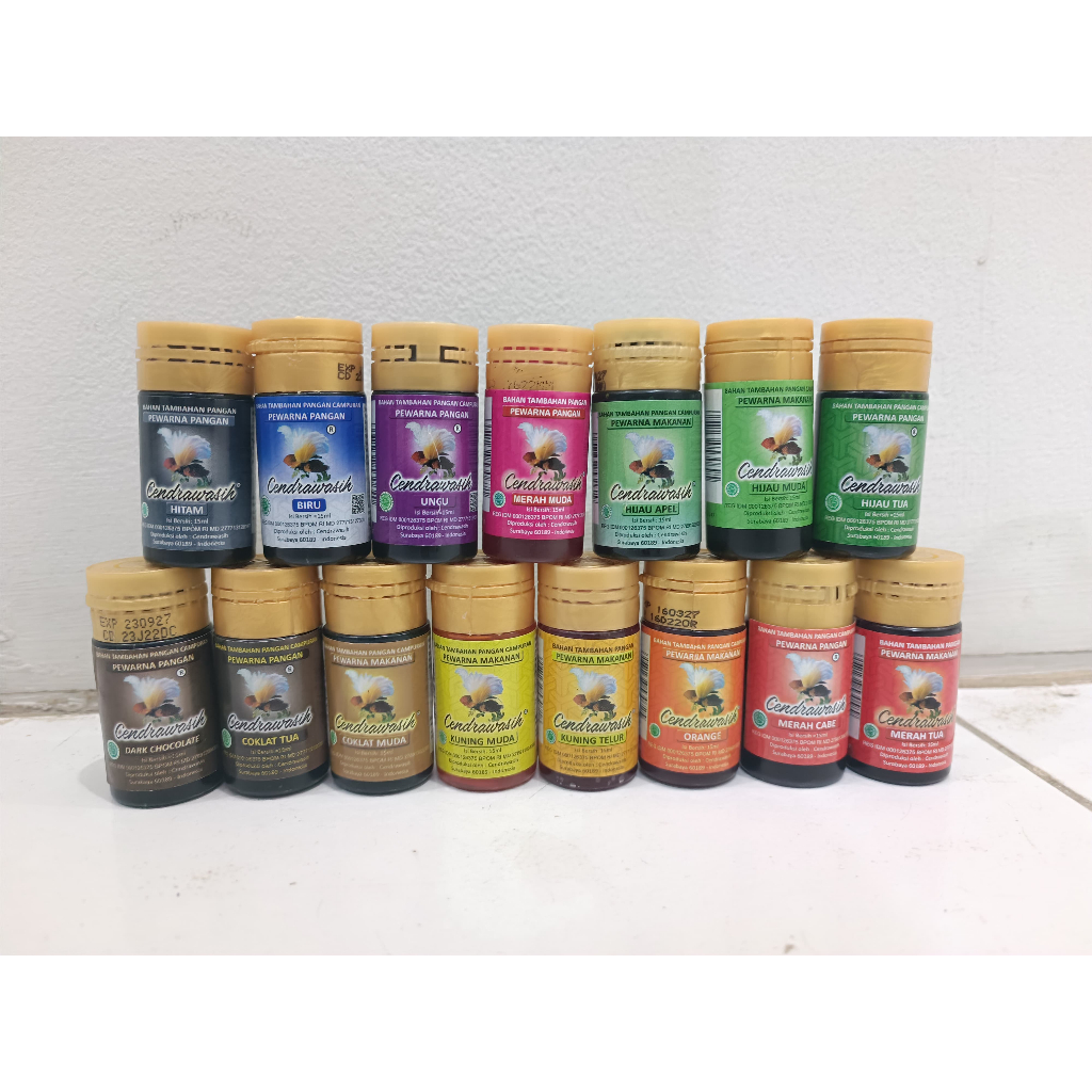 

PEWARNA MAKANAN CENDRAWASIH BIRU/ COKLAT MUDA/ COKLAT TUA/ DARK CHOCO/ HIJAU APEL/ HIJAU MUDA/ HIJAU TUA/ HITAM/ KUNING MUDA/ KUNING TELUR/ MERAH MUDA/ MERAH TUA/MERAH CABE/ORANGE/UNGU