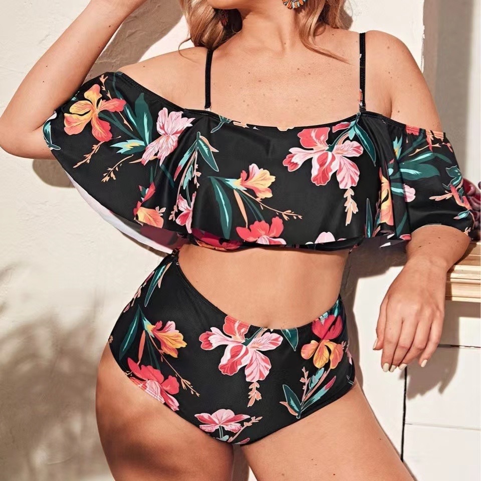 Bikini Off Shoulder Jumbo Big Size High Waist Baju Renang Sabrina Hitam Black Motif Bunga Pink Flowe