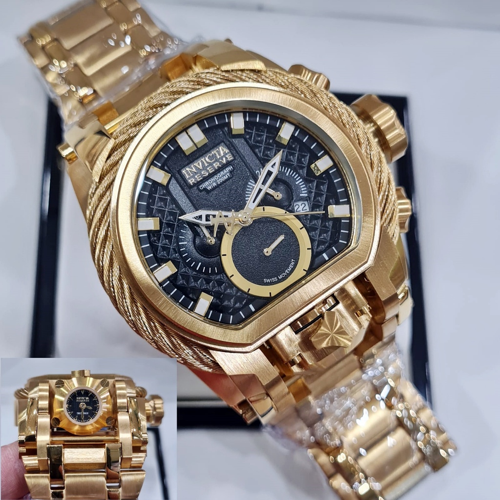 Jam Tangan Pria Big Size INVICTA Reserve Bolt Zeus Magnum Chronograph Bracelet Black Dial Gold Steel