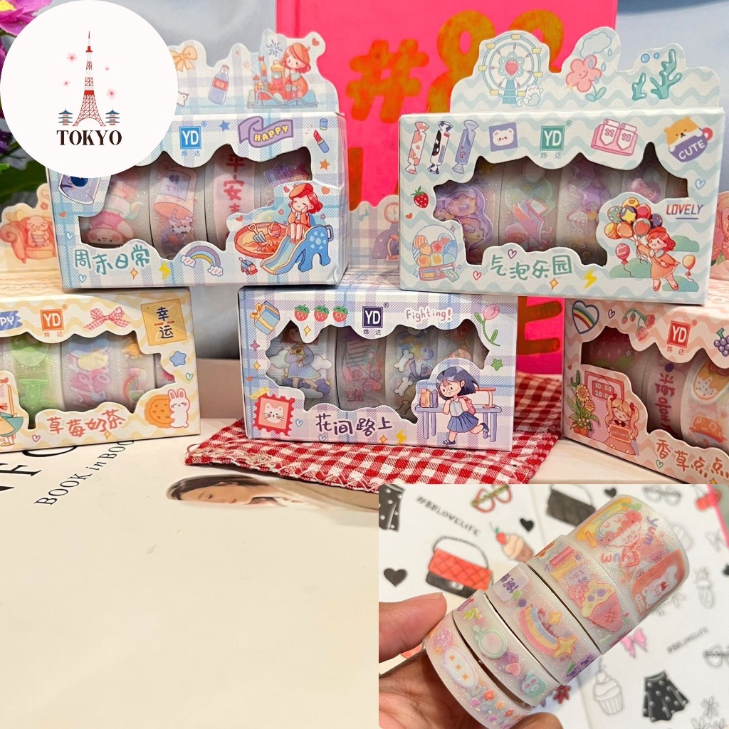 

Paket Washi Tape Sticker Set YD-5RMS Dapat 1 Box Isi 5 Roll Lucu Model