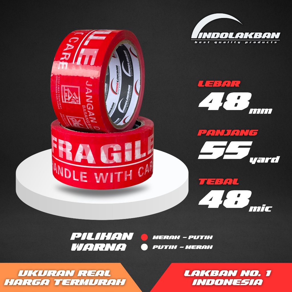 

( PER SLOP ) INDOLAKBAN LAKBAN FRAGILE MERAH 2 INCH 55 YARD / 50 M - Harga Pabrik Harga Grosir