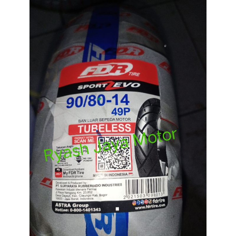 Ban tubeless depan/ belakang FDR Sport Zevo Sport ukuran 80/80-14 atau 90/80-14 for beat karbu/esp/p