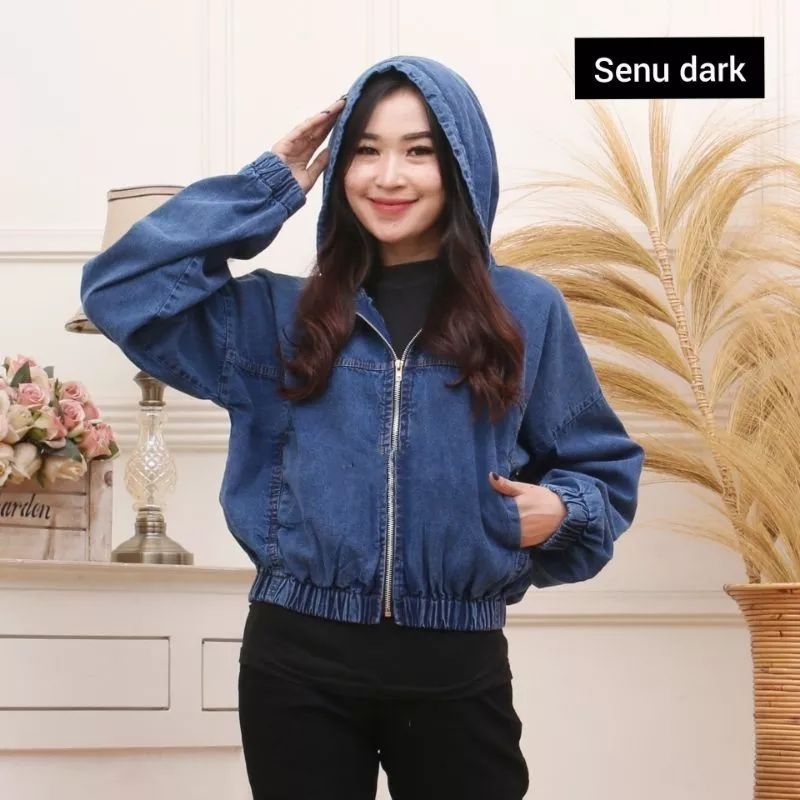 Oversize Jaket Crop Jeans Hoodie Zipper Jumbo Ld 120cm-Jaket Jeans Resleting Wanita Kekinian-Jaket K