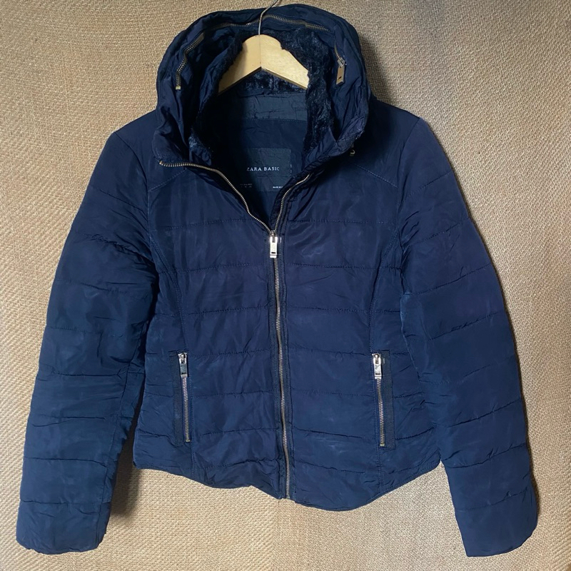 Zara Basic Navy Puffer Jacket with Hoodie Woman