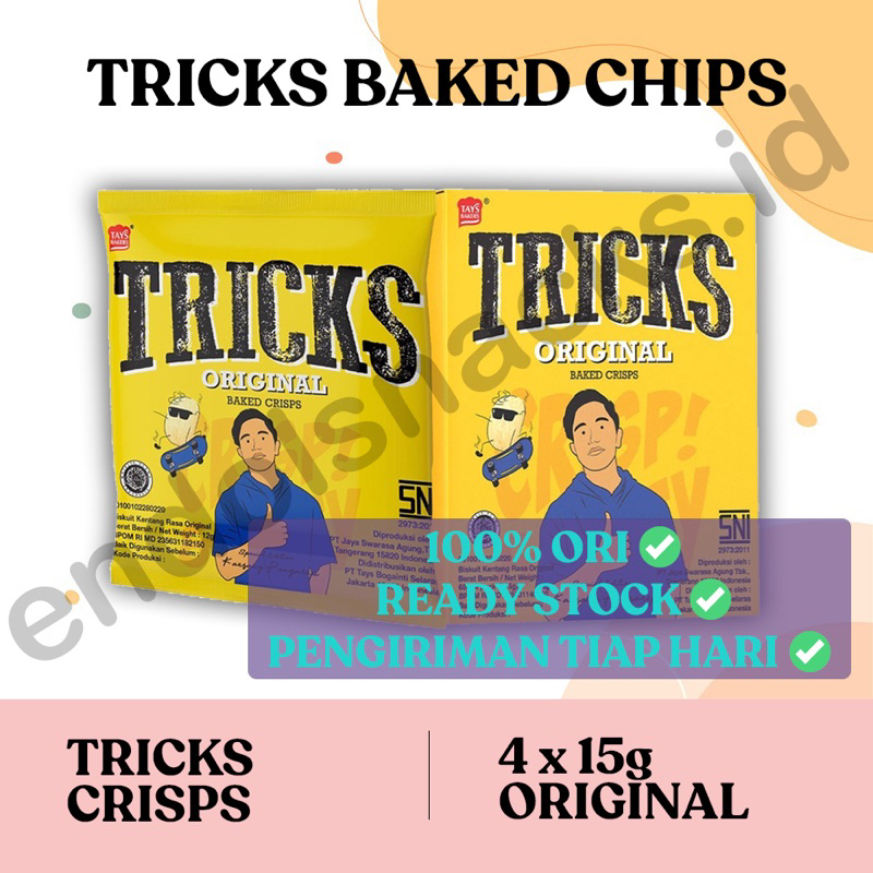 

Tricks ORIGINAL / Asian BBQ / Cheese Biskuit Kentang Potato Baked Chips 1 Box (4x15gr)