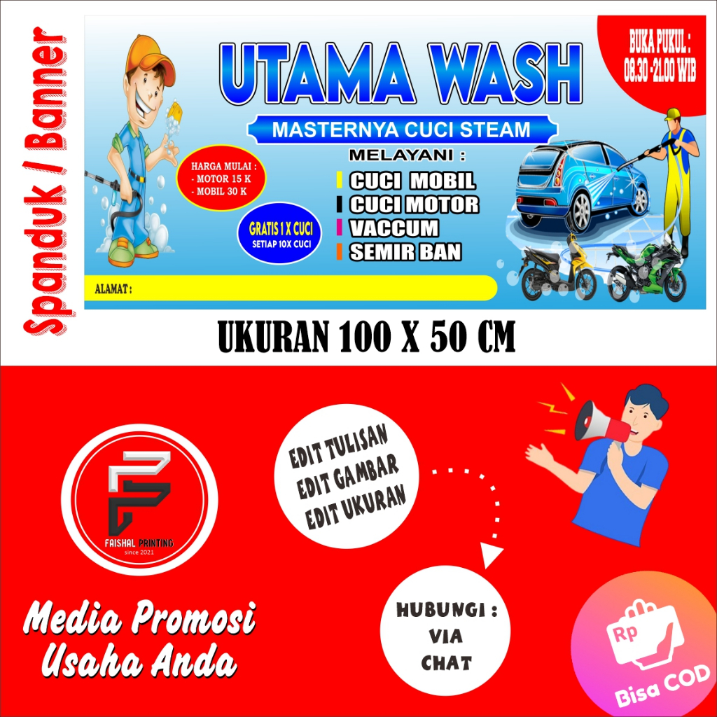 Spanduk Cuci Motor / Spanduk Cuci Mobil / Banner Cuci Motor dan Mobil / Banner Ukuran 100 x 50 cm