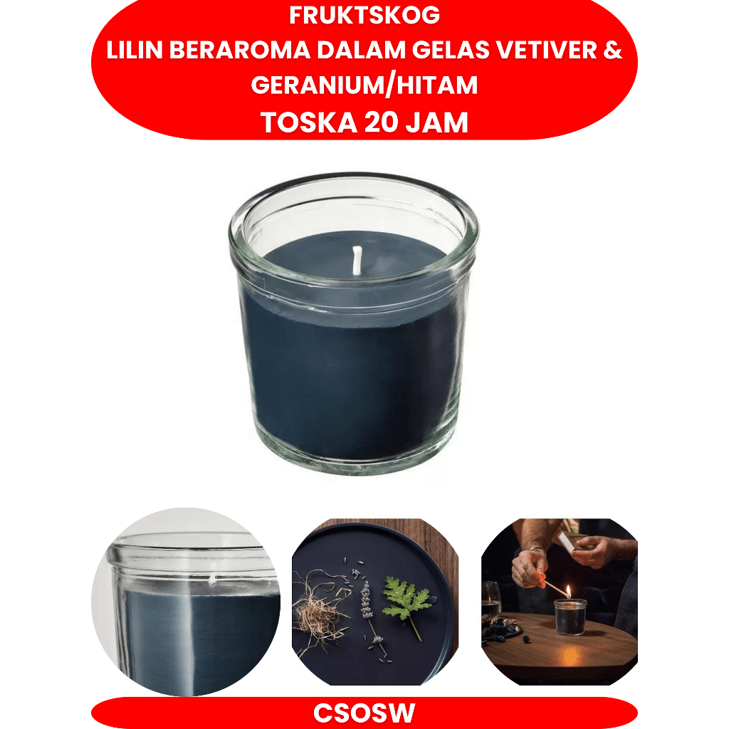 Lilin beraroma dalam gelas vetiver & geranium/hitam-toska 20 jam IKFRUKT