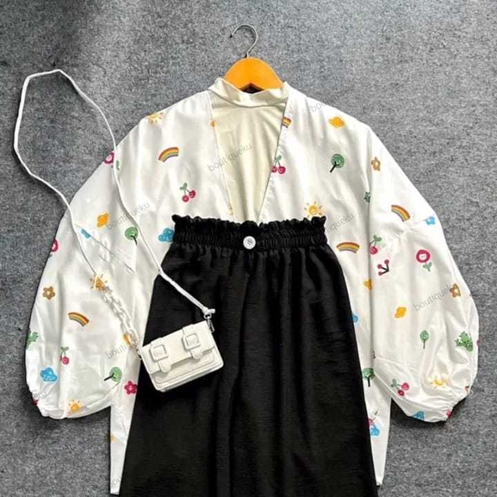 setelan outer kiyowo putih motif dan celana kulot kerut kancing wanita remaja dan anak anak korean o