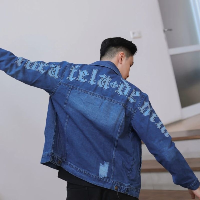Jaket Jeans Denim tulisan Belakang Bisa dipakai Pria dan wanita