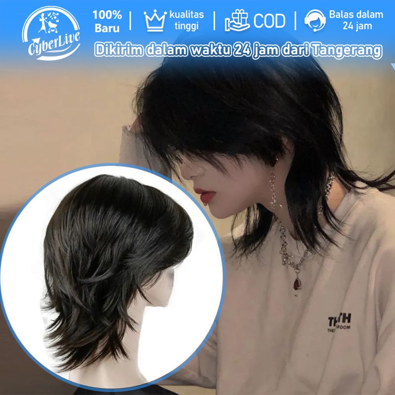 Wig Pria Mullet Panjang Kuncir Rambut Palsu Cowok Rambut Pria Keren