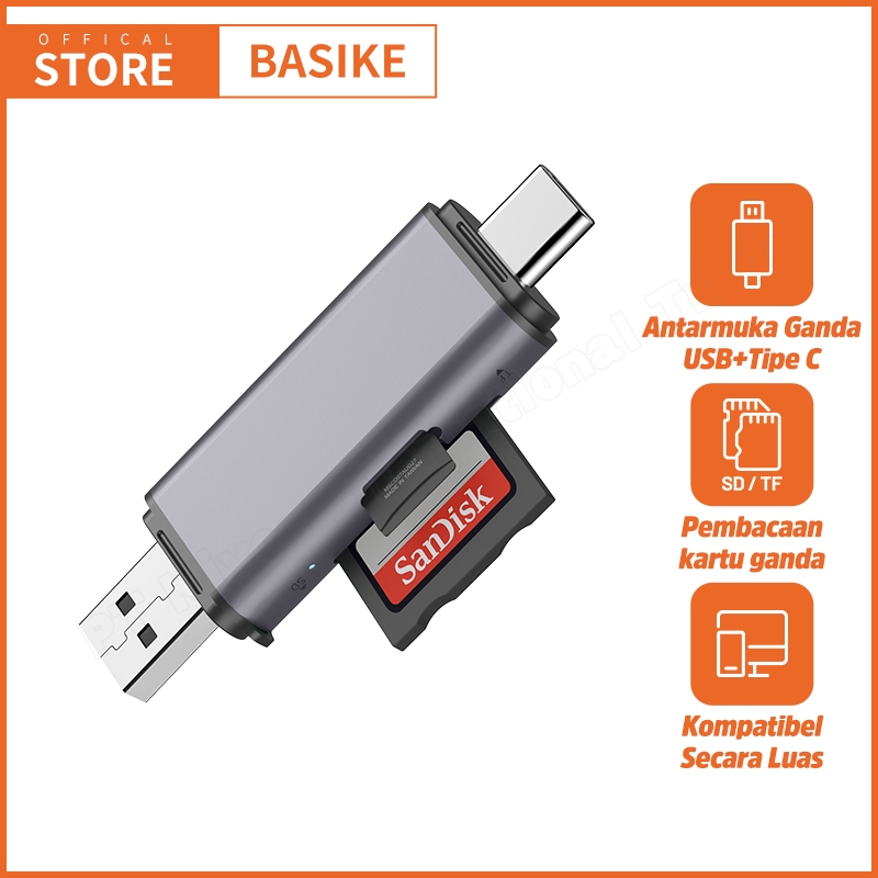 BASIKE USB HUB Card Reader USB+Tipe C to SD TF High Speed Pembaca Kartu 2 in 1 Antarmuka Ganda for Desktop/Laptop/Ponsel/komputer/Tablet Universal