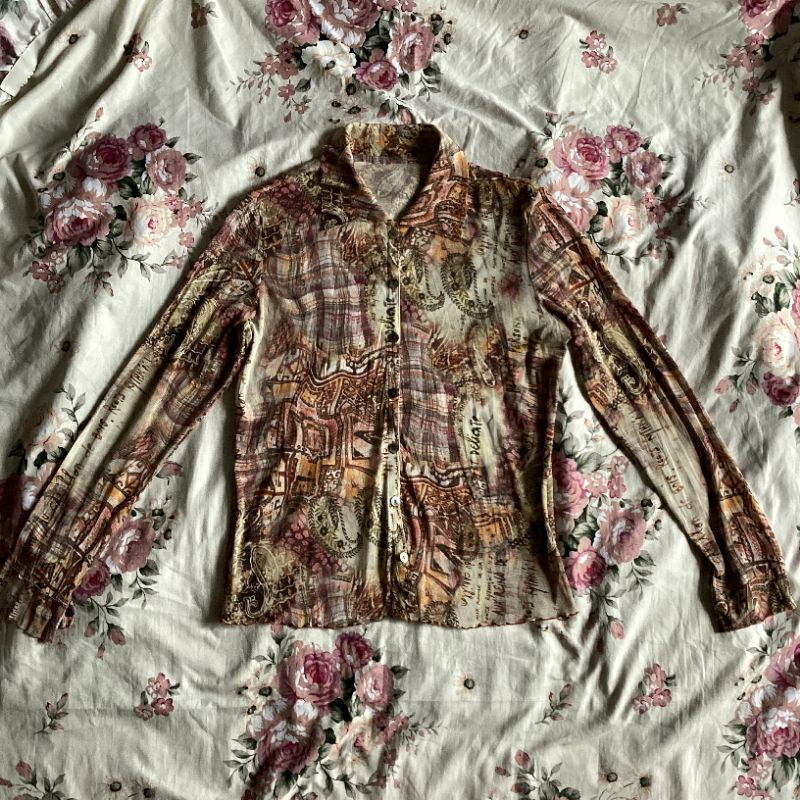 brown sheer mesh abstract top