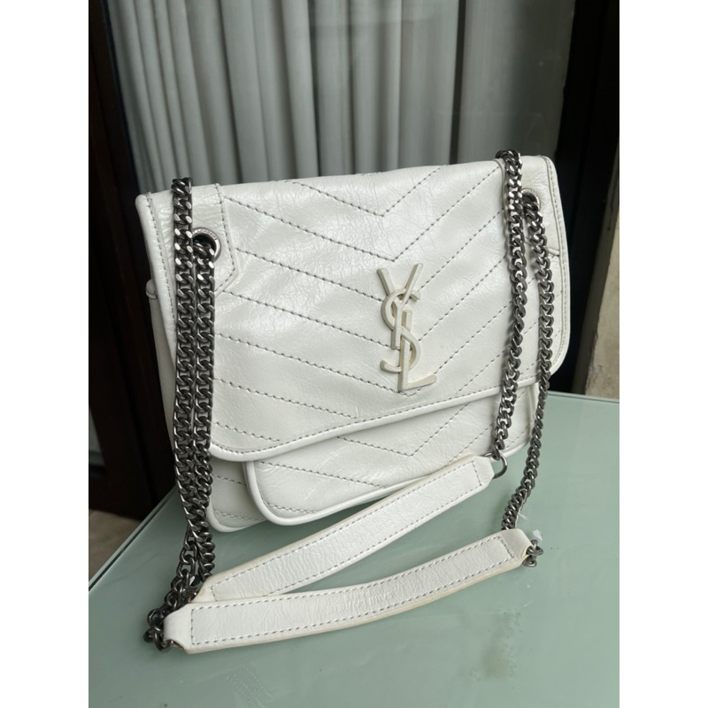 YSL Saint Laurent Niki Baby in Blanc Vintage (Broken White) Crinkled Leather - Preloved Very Good Co