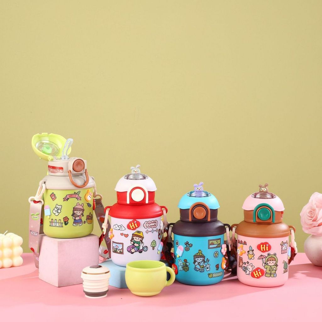 Termos Botol Minum Stainless Steel POLOS, Aneka Tulisan I Termos Minum Tenteng Plastik Putar + Klik 