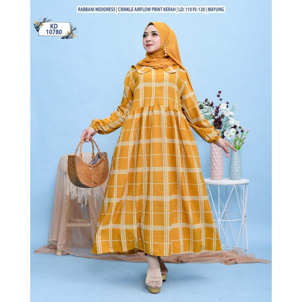 KD 10780 (isi 1) ASYA Midi Dress Crinkle Airflow Print Kerah Lebar Mayung Motif Kotak Besar Muslimah