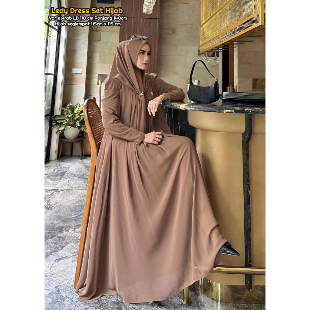 Ledy Dress Set Hijab - One Set Wanita Yoris Arab Premium Setelan Wanita Gamis Terbaru Set HIjab Segi
