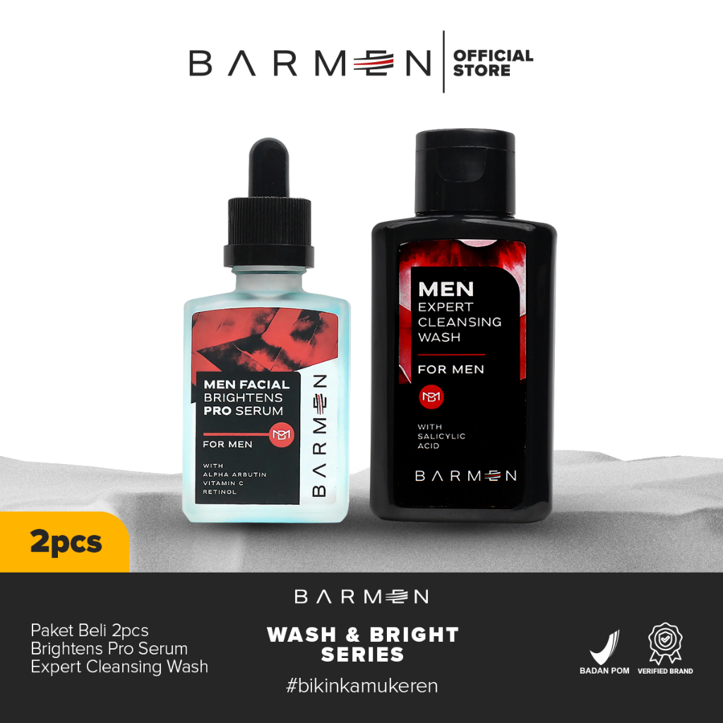 BARMEN Paket Wash &amp; Bright Series, Paket Sabun Wajah dan Serum Pencerah Wajah Pria