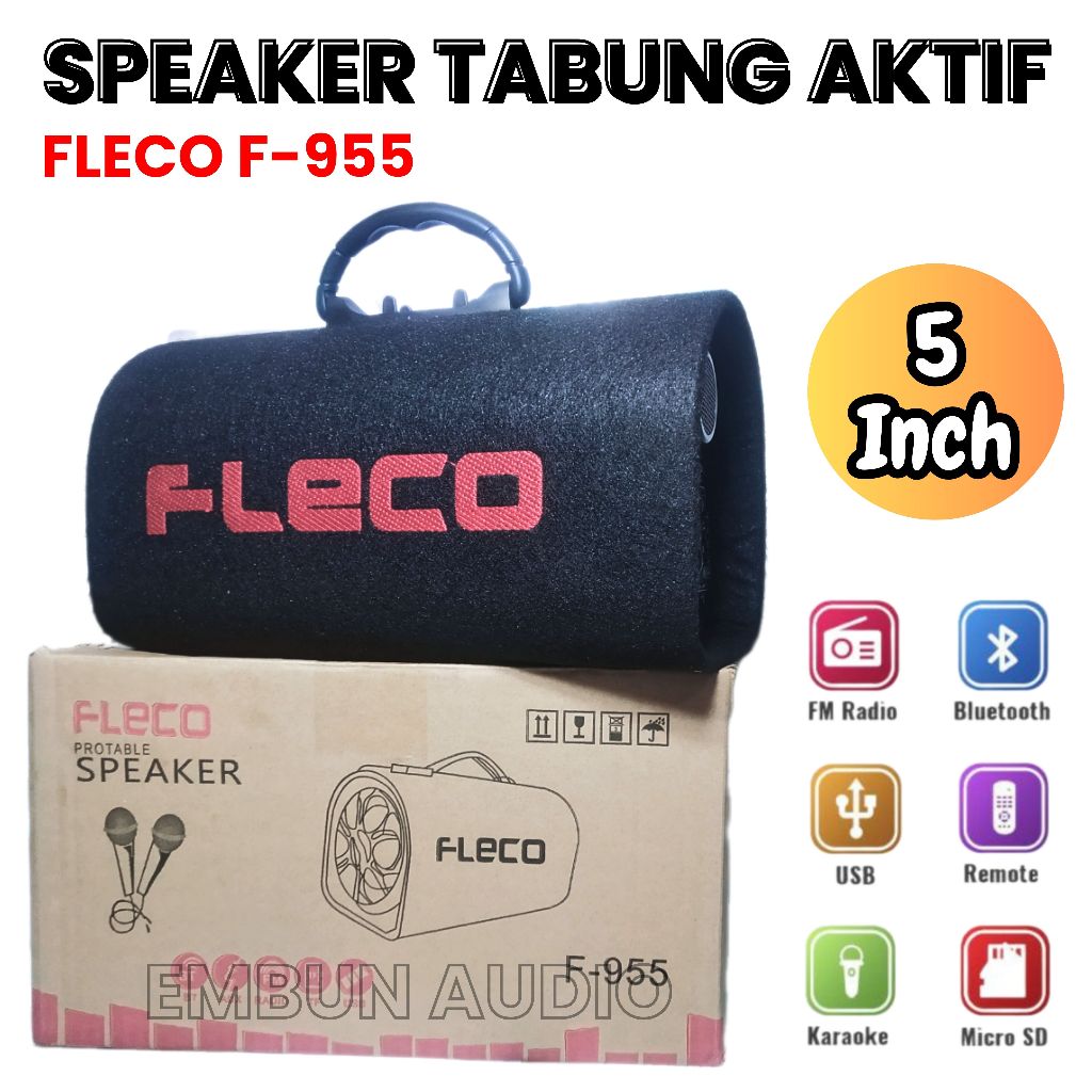 Speaker Tabung Mobil Bluetooth FLECO F-955 Super Bass Salon Mobil Ukuran 5inch FM/USB/Aux In