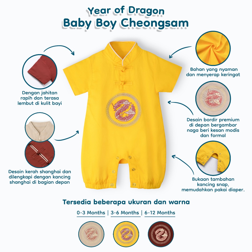 Nice Kids - Year of Dragon Cheongsam Baby Boy &amp; Girl (0-12 Bulan) Baju Sincia Baju Imlek Tahun Naga Bodysuit Bayi Onesie Jumper Romper Anak Laki-laki Bodysuit Anak Perempuan