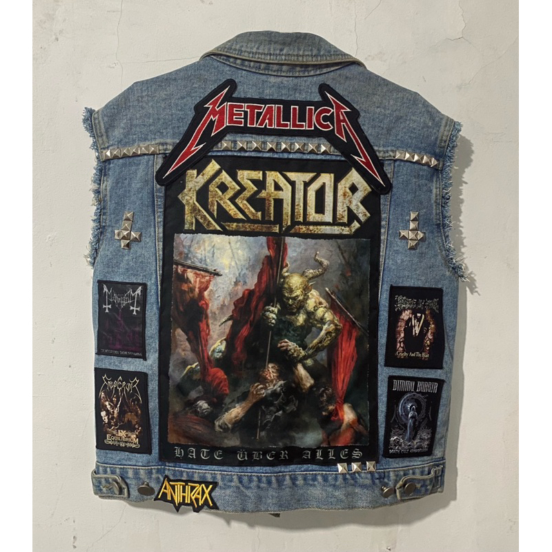 DENIM VEST JACKET VINTAGE | CUSTOM PATCH HEAVY METAL BAND | WITH SPIKE