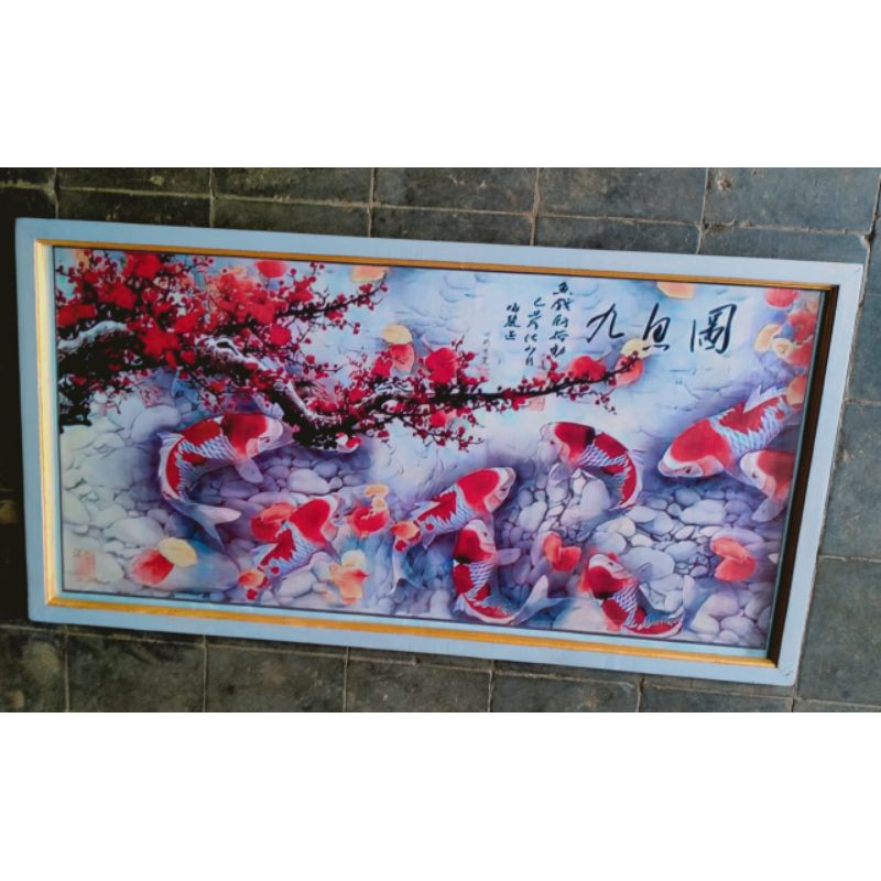 hiasan dinding lukisan cetak ikan koi Korea plus bingkai ukuran 105*55