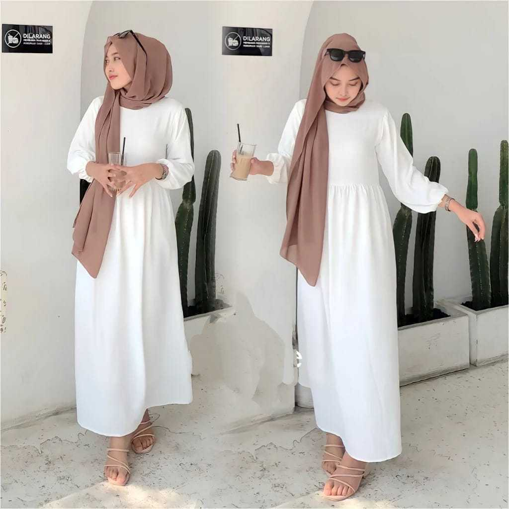 Gamis Abaya Harian Lebaran Simpel Warna Putih Polos Jumbo Kekinian Adem Terbaru 2024 LD 120 130 140 