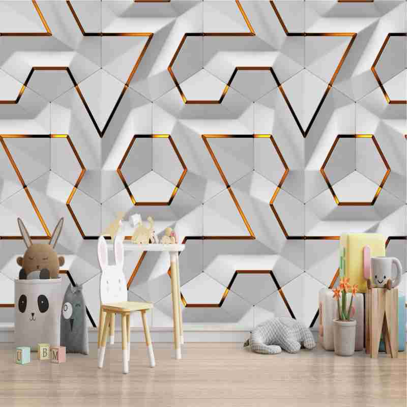 WALLPAPER DINDING STICKER WALLPAPER DINDING KOTAK XSAGONAL 3D PUTIH LIST GOLD