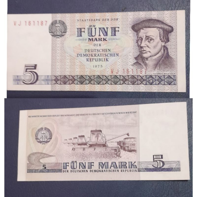 Uang Negara Jerman Timur 5 mark tahun 1975 Kondisi UNC GRESS MULUS Dijamin Original 100%