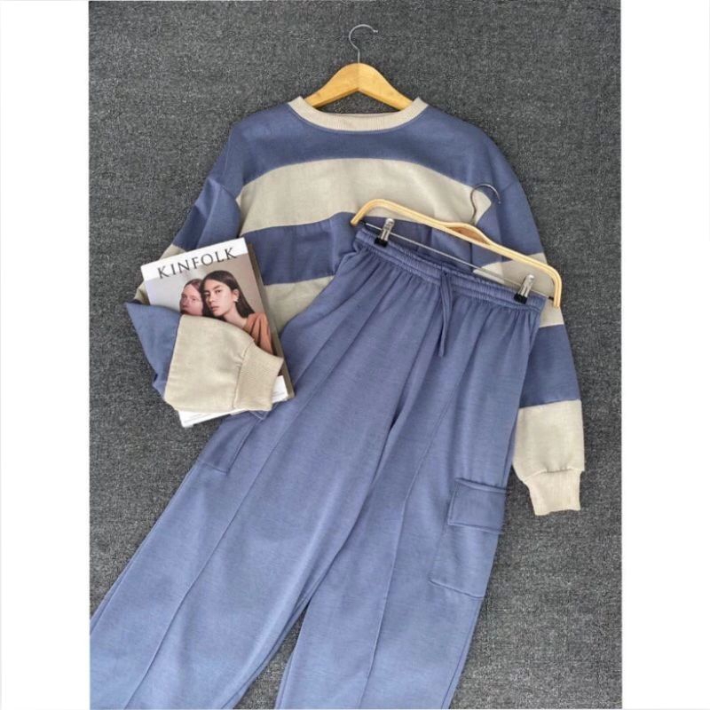 Bundling Sweater Pocky Crop + Jolly Pants | Setelan Wanita Korea One Set Fleece