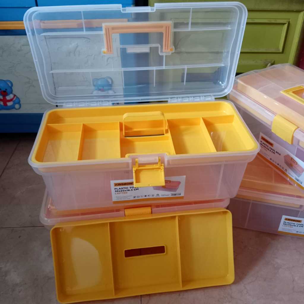 Krisbow Toolbox kotak perkakas transparan kuning dengan tray
