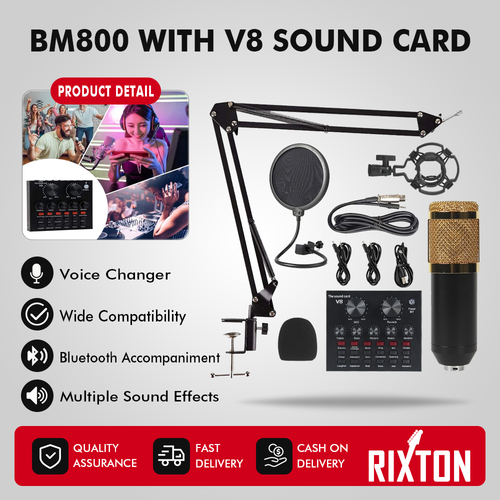 RIXTON BM-800 Condenser Microphone Full Set (V8 Soundcard, BM-800 Microphone, Pop Filter)