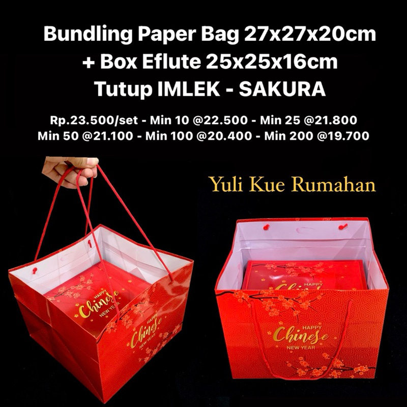 

Bundling Paper Bag 27x27x20cm + Box Eflute 25x25x16cm Tutup Motif IMLEK