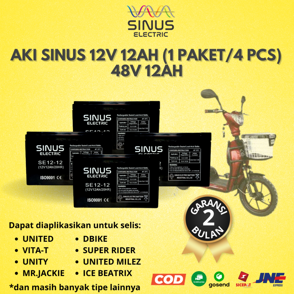 Aki Sepeda Listrik SELIS 1 paket 12V 12Ah Aki VRLA 12V 12AH 4 pcs 48v 12ah