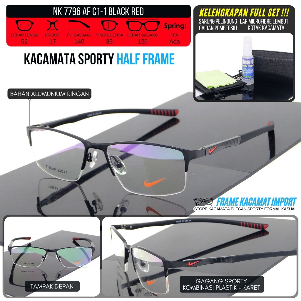 Nike Frame kacamata sporty pria lensa gantung half frame