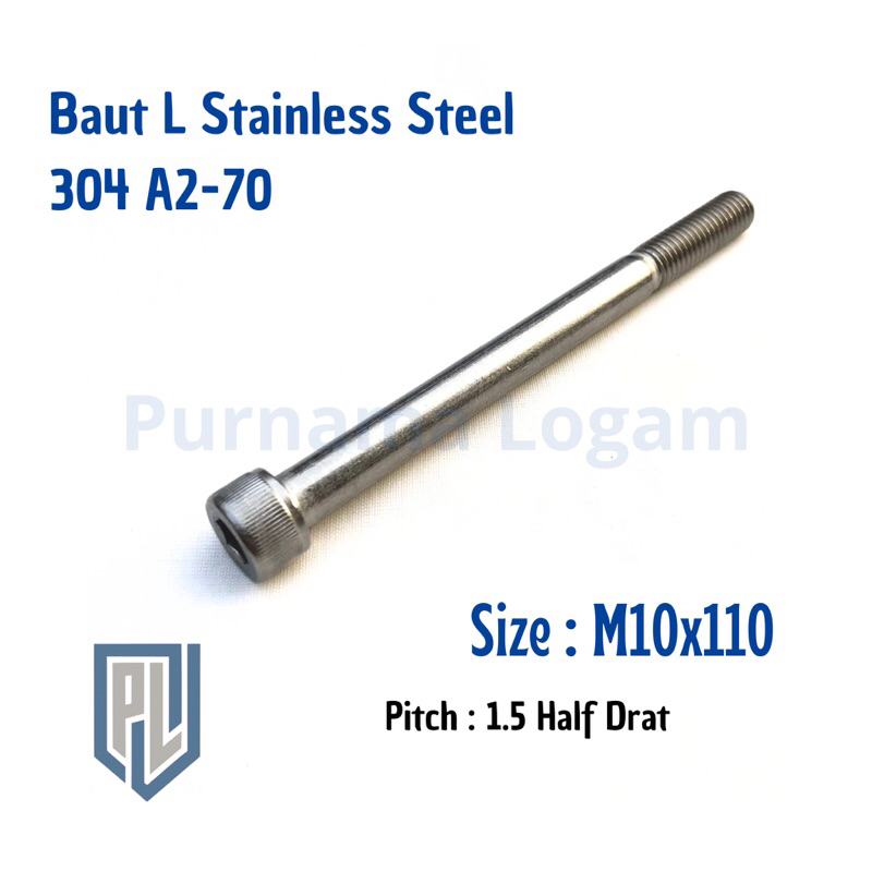 Baut L M10 x 110 HALF DRAT ( Baut 14 Panjang 11cm ) Stainless 304 THE A2-70/ Drat 14/ Kunci L8