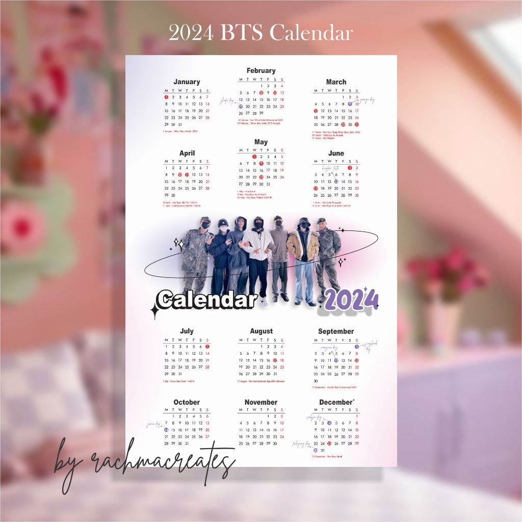 

Kalender Estetik 2024 | 2024 Aesthetic Calendar - 1 lembar 12 bulan - Custom | KPop BTS by rachmacreates